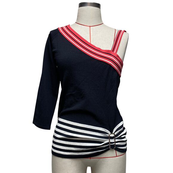Vintage Ruby Cho Womens Size M One Sleeve Stipe Detail Knit Top - Picture 2 of 7
